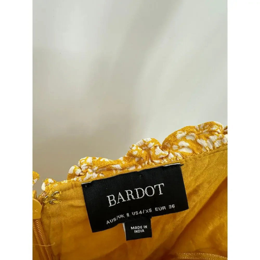 Bardot Yellow Microfloral‎ Tie Strap Mini Dress Ruffle Summer Women Size 4 XS
